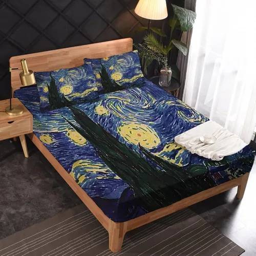 Miniatura 3 de NOGAWA Juego de sábanas de noche estrellada, tamaño individual, sábanas artísticas, sábanas y fundas de almohada estampadas de 3 piezas, sábana