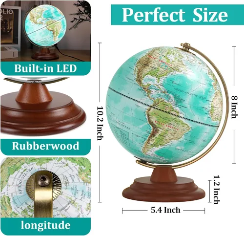 Miniatura 5 de Globo del mundo iluminado con soporte de madera, globo mundial de 8 pulgadas para aprendizaje de niños y adultos, luz nocturna LED incorporada