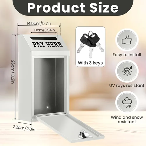 Miniatura 2 de Yaocom Caja de dinero segura para recolección de dinero, caja de donación de metal con cerradura para montaje en pared preperforado, buzón de Blanco