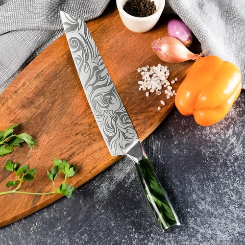 Miniatura 3 de SENKEN - Cuchillo japonés Kiritsuke de 9 pulgadas con asas de resina verde esmeralda, cuchillo de chef japonés grabado para el hogar, cocina