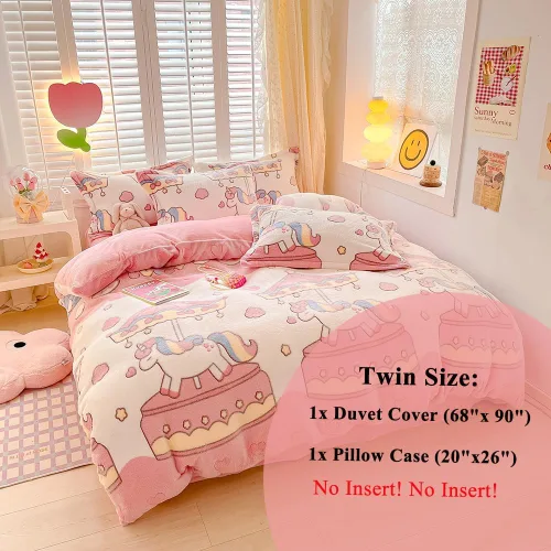 Miniatura 2 de Juego de funda de edredón de carrusel para niños, juego de ropa de cama kawaii rosa, tamaño Twin, funda de edredón y cobertor esponjosa con copos