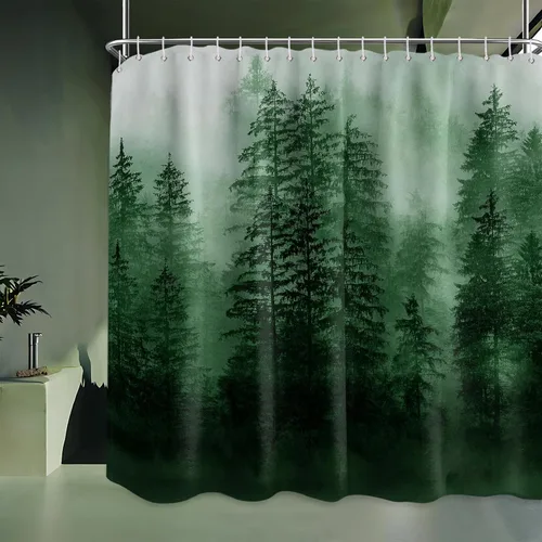 Miniatura 15 de Cortina de ducha estrecha para hombre, diseño de bosque negro y gris, para casa rodante, juego de decoración de baño, tela impermeable con ganchos