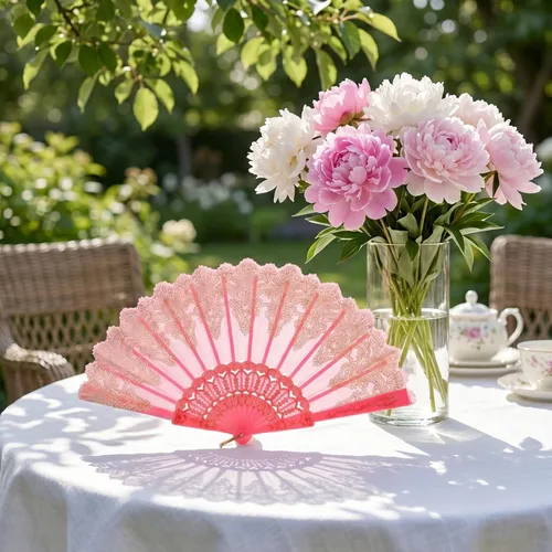 Miniatura 2 de EXCEART Macramé Decor - 1 abanico de mano plegable floral de encaje, estilo chino, ventilador plegable grande para festivales, bodas, fiestas