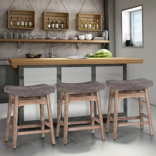 Miniatura 14 de Taburete de bar gris de madera maciza para encimera de cocina, taburete de bar con asiento de cuero sintético, taburete tapizado para isla de 34 a