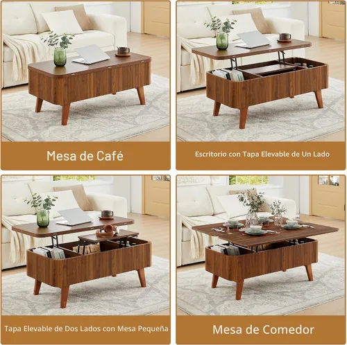Miniatura 4 de Mesa de centro elevable 3 en 1, mesas de centro convertibles acanaladas que se convierten en mesas de comedor, moderna mesa central de madera Nuez 3