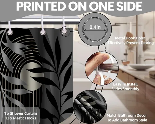 Miniatura 3 de Cortina de ducha bohemia en negro y gris, cortinas de ducha modernas de mediados de siglo negro y gris para baño, juego de tela impermeable
