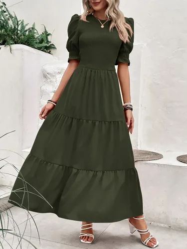 Miniatura 84 de BTFBM Vestidos para mujer, cuello redondo, casual, de verano, con volantes, manga corta, bohemio, con niveles, fruncido, largo, con estampado floral