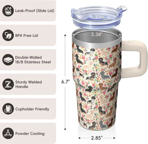 Miniatura 3 de Dachshund - Vaso de viaje aislado de acero inoxidable de 20 onzas con asa y pajilla, regalo para mujer, para el Día de la Madre, a prueba de fugas