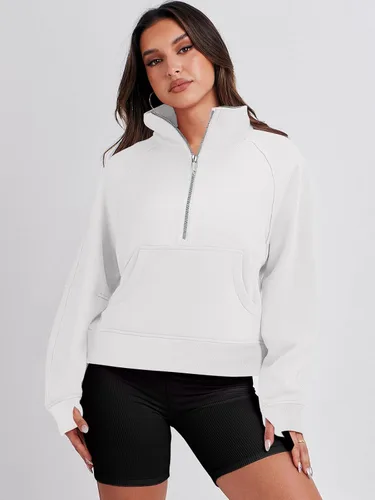 Miniatura 3 de ANRABESS Sudaderas recortadas para mujer, con media cremallera, forro polar, con cremallera de un cuarto, ropa de otoño 2023, suéter con agujero