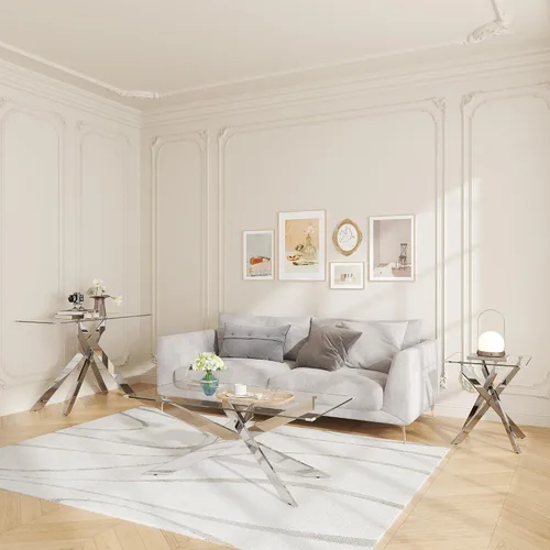 Miniatura 10 de Mesa de centro de cristal de 47 pulgadas con parte superior de vidrio templado y patas de metal dorado, mesa central rectangular moderna para sala
