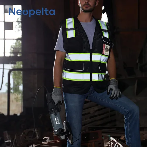 Miniatura 6 de Neopelta Chaleco de seguridad reflectante de malla negra, chaleco de alta visibilidad con bolsillos y cremallera, cuello acolchado, negro con ribete
