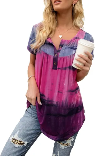AMCLOS camisetas suaves con cuello en V para mujer plisadas holgadas con teñido anudado tipo túnica con botones blusa informal de manga corta para