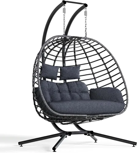 SWITTE Silla doble de columpio en forma de huevo con soporte, hamacas de mimbre colgantes para patio al aire libre de 2 personas con cojín para Gris