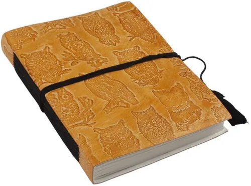 STORE INDYA - Diario de cuero de inspiración vintage con páginas sin forro hechas a mano, 8 x 6 pulgadas, 192 páginas (búho dorado en relieve)
