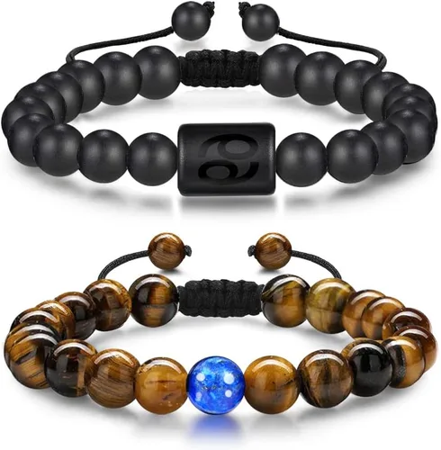 Pulseras del zodiaco para hombres y mujeres, hechas a mano de 0.315 in de ojo de tigre natural y piedra de ágata mate para hombre, pulseras de