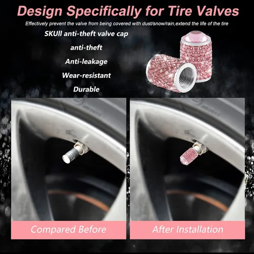 Miniatura 4 de Alpmosn Tapones para válvula de neumático de automóvil, 4 tapas de válvula de neumático brillantes, tapones de cristal brillantes para mujeres, Rosa