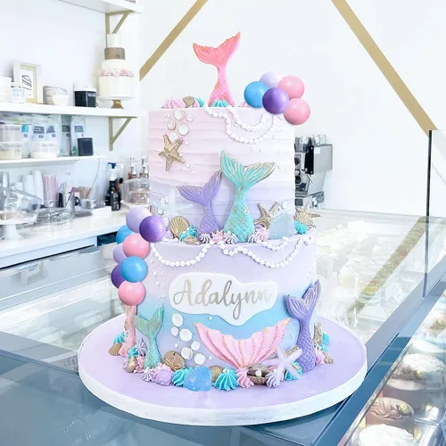 Miniatura 3 de JeVenis Decoración de pastel de sirenita rosa púrpura bajo el mar, decoración de tarta de cola de sirena de conchas marinas, suministros de fiesta