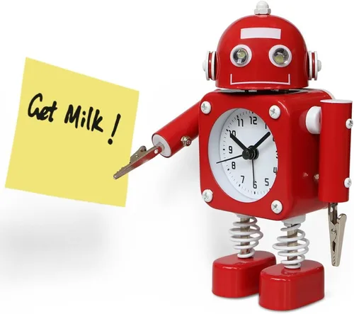 Miniatura 4 de Betus Reloj Despertador Robot Sin Tictac de Metal Inoxidable - Reloj Despertador con Luces Intermitentes en los Ojos y Clip de Mano (Rojo Rubí)