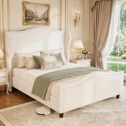 koorlian Base de cama Queen con plataforma tapizada de felpilla con cabecero y estribo, cama tapizada de 51 pulgadas de alto con respaldo copetudo,