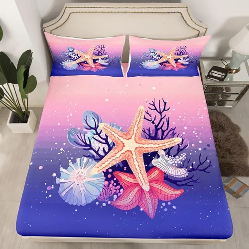 Miniatura 14 de Erosebridal Sábanas de cama de sirena azul para niñas, bonita sábana bajera ajustable de unicornio, 2 piezas, ropa de cama de arcoíris femenino
