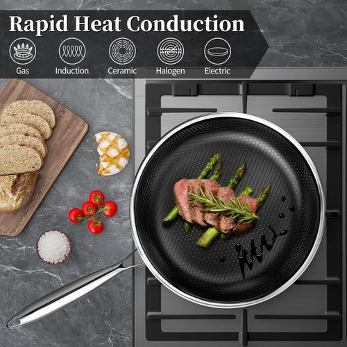Miniatura 4 de Innerwell Sartenes para Freír Antiadherentes de 8 Pulgadas, Sartén de Acero Inoxidable Tricapa Híbrida, Sartén de Cocina de Cerámica Titanio