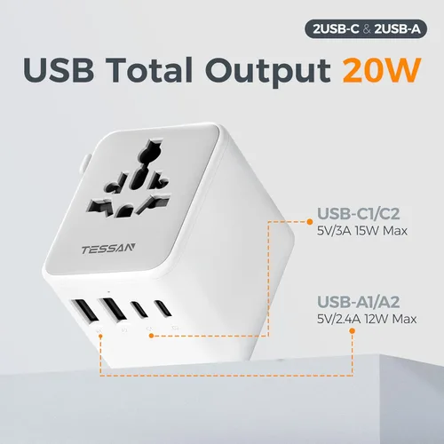 Miniatura 4 de TESSAN Adaptador de viaje universal, adaptador de corriente internacional con 4 puertos USB (1 USB C), adaptador de enchufe mundial cargador