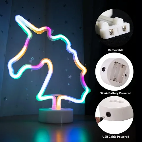Miniatura 7 de Cartel de neón LED para interior, luz nocturna con base de soporte, funciona con batería/USB, luz decorativa de neón Unicornio