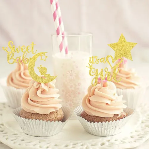 Miniatura 7 de 36 piezas de decoración para cupcakes con diseño de luna con purpurina de luna y estrella para revelación de género de bebé, baby shower, fiestas