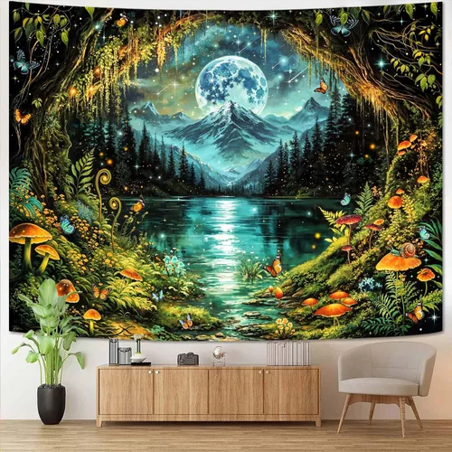 Miniatura 19 de Kanuyee Tapiz de bosque verde, tapiz de paisaje para pared, tapices de naturaleza para techo y pared, colgante para dormitorio, sala de estar