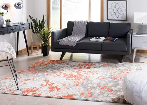 Miniatura 2 de SAFAVIEH MAD425H Madison Collection Alfombra decorativa cuadrada de 3', gris/naranja, diseño abstracto bohemio desgastado, no desprende pelusa