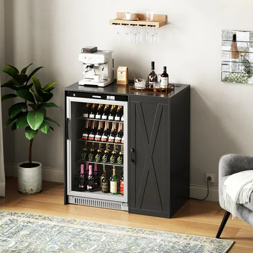 Herture Mini gabinete para refrigerador con almacenamiento, gabinete de barra de café con toma de corriente, se adapta a refrigerador de vino de 24