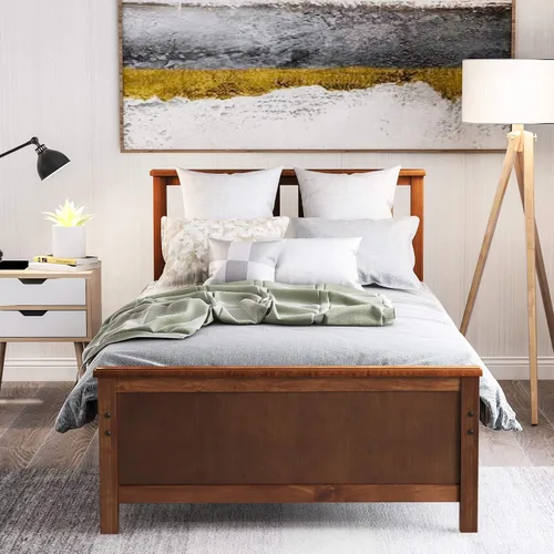 Miniatura 3 de P PURLOVE Base de cama individual de madera con cabecero, estribo y soporte de listones de madera, nogal Nogal/Con Plataforma