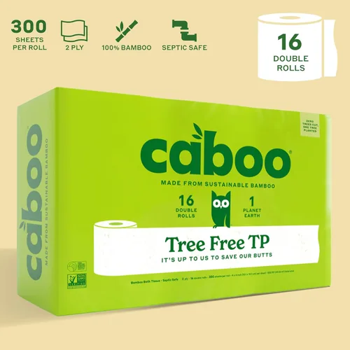 Miniatura 2 de Caboo Papel higiénico sin árboles, tejido de baño seguro séptico, hojas suaves de 2 capas, 300 hojas por rollo, 16 rollos dobles