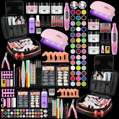 Kit profesional de uñas acrílicas para principiantes – 42 colores de polvo de purpurina, líquido, luz UV, taladro, bolsa organizadora de uñas de
