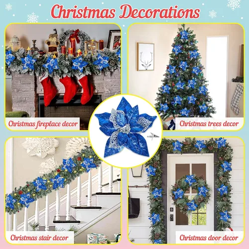 Miniatura 2 de 15 adornos de flores artificiales para árbol de Navidad, flores de Pascua artificiales, tamaño grande, 8.7 pulgadas, flor de purpurina de Navidad