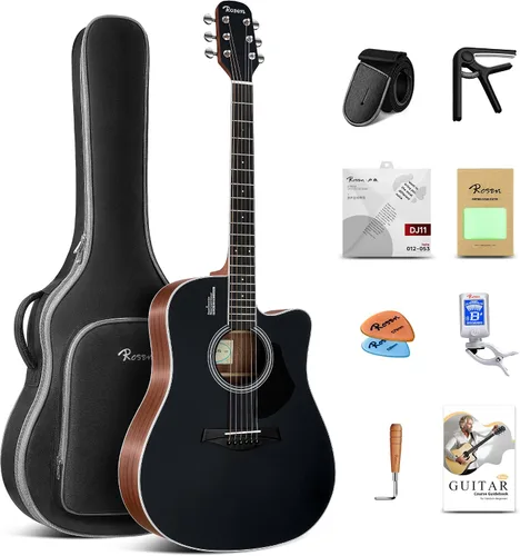 Miniatura 13 de Rosen Guitarra acústica Dreadnought de tapa sólida de 104 cm con abeto, para principiantes, con libro, bolsa acolchada, cuerdas, púas, llave Azul