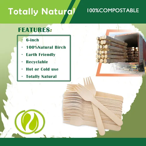 Miniatura 3 de Tenedores de madera desechables, paquete de 100 unidades, 6.5 pulgadas de longitud, biodegradables, utensilios de madera natural, ideales