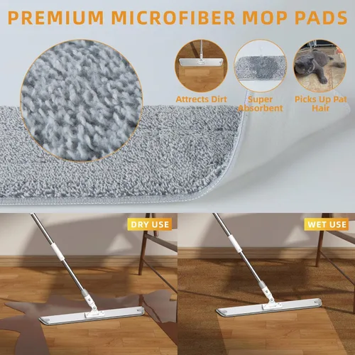 Miniatura 4 de Trapeador plano de microfibra para limpieza de pisos, base de aluminio de 18 pulgadas (17.7 pulgadas/17.7 in), mango ajustable de acero inoxidable