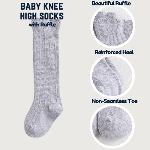 Miniatura 5 de Petrass Calcetines altos hasta la rodilla para bebés y niñas, calcetines blancos con volantes