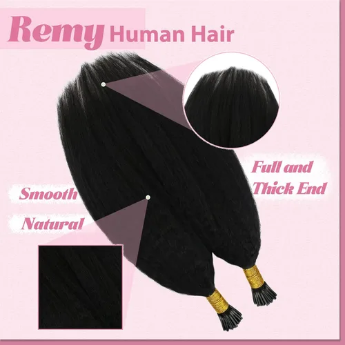 Miniatura 4 de YoungSee Extensiones de cabello humano rizado lacio con punta en I, color negro, 1.76 oz, extensiones de cabello Remy, 80 hebras, extensiones
