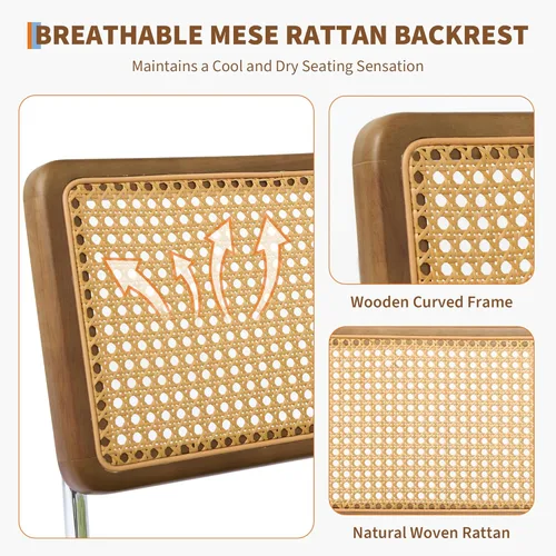 Miniatura 5 de GarveeHome Juego de 2 sillas de comedor de ratán natural, sillas de cocina tapizadas de lino con respaldo alto de caña y patas de madera fuertes