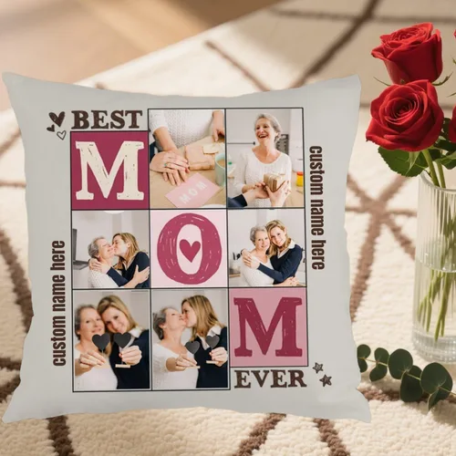Miniatura 5 de Customizable Pillowcase with 6 Images and Text Dedicated to Mom, Decorative Cushion offering a Warm Gift for Anniversaries Birthdays Christmas or 6