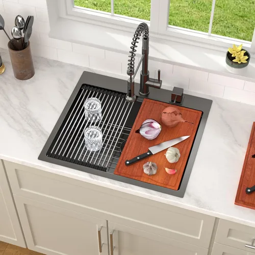 Miniatura 9 de Dcolora Fregadero de Cocina Negro de 25 Pulgadas Drop In, Fregadero de Estación de Trabajo de Acero Inoxidable Negro Nano-PVD de Un Solo Tazón