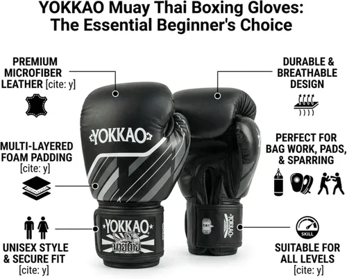 Miniatura 2 de Yokkao Guantes de Boxeo Muay Thai – Guantes esenciales para principiantes, hombres y mujeres, de piel de microfibra, acolchado de espuma multicapa