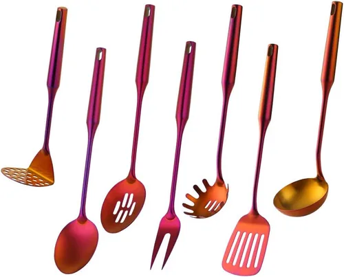 Miniatura 8 de Juego de utensilios de cocina de mango redondo, 7 piezas, acero inoxidable 304 chapado en titanio dorado con tenedor/cuchara pública, trituradores