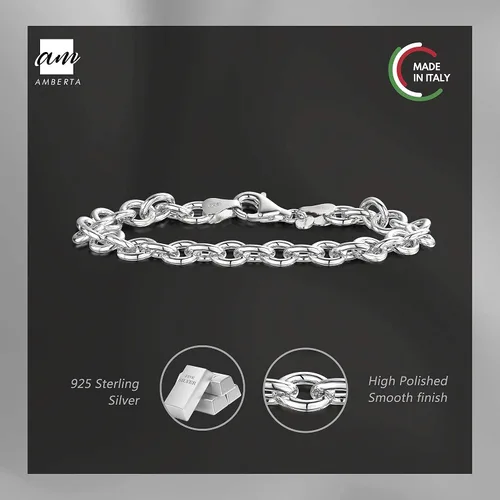 Miniatura 5 de Amberta Pulsera de plata de ley 925 para mujer, varios estilos, cadena de cable, eslabones lisosestampados, longitud de 7.5in