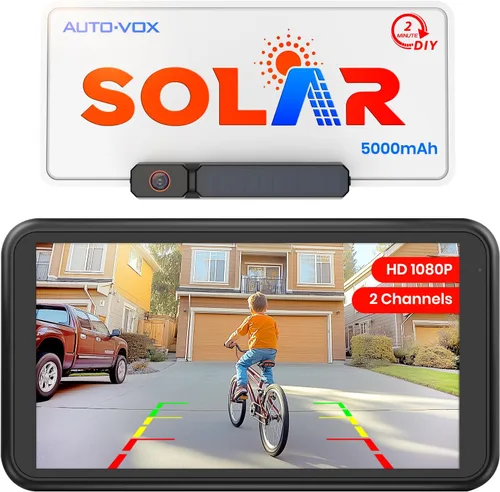 AUTO-VOX Cámara de respaldo inalámbrica solar con monitor de 5" 1080P: Batería de 5000mAh, 2 minutos de instalación DIY y 2 cámaras de respaldo de