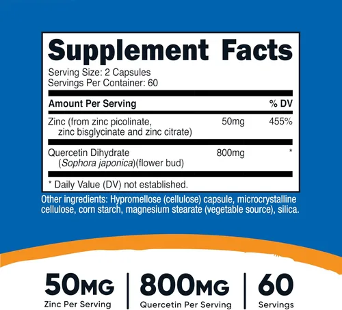 Miniatura 2 de Nutricost Suplemento de zinc + quercetina (50 mg de zinc, 800 mg de quercetina) 120 cápsulas - Vegano, sin OMG, sin gluten, 60 porciones