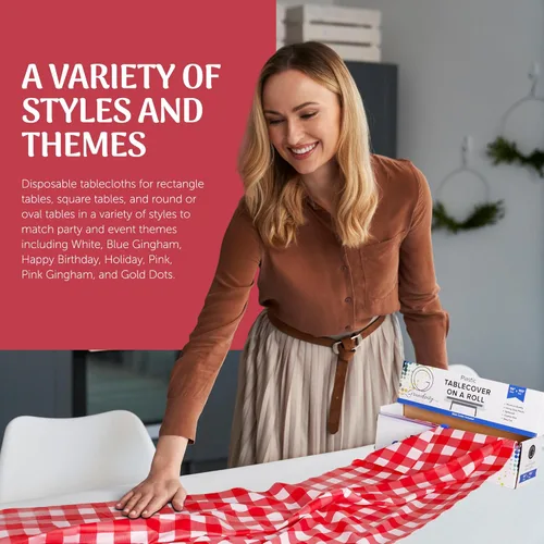 Miniatura 3 de Grandipity Rollo de mantel de plástico, 54 pulgadas x 100 pies, manteles de plástico a cuadros rojos para fiestas, desechable con caja de corte