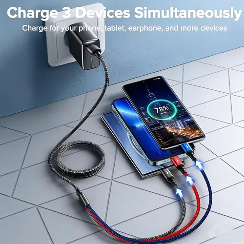 Miniatura 2 de Juego de cables de carga USB multifunción, paquete de 3 cables trenzados de nailon 3 en 1, múltiples cables de carga rápida para el hogar, oficina